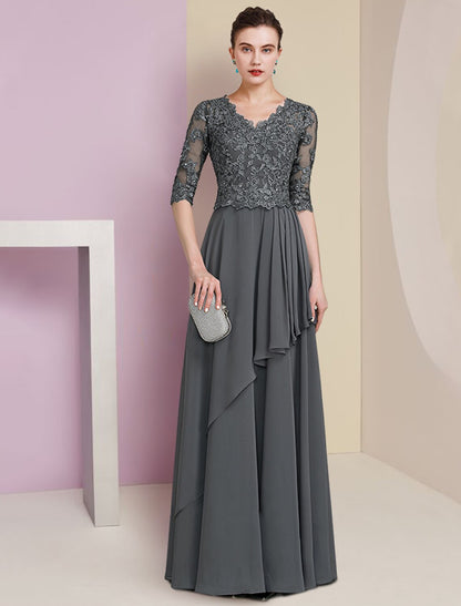 A-Line Mother of the Bride Dress Formal Luxurious Elegant V Neck Floor Length Chiffon Lace Half Sleeve with Pleats Beading Appliques