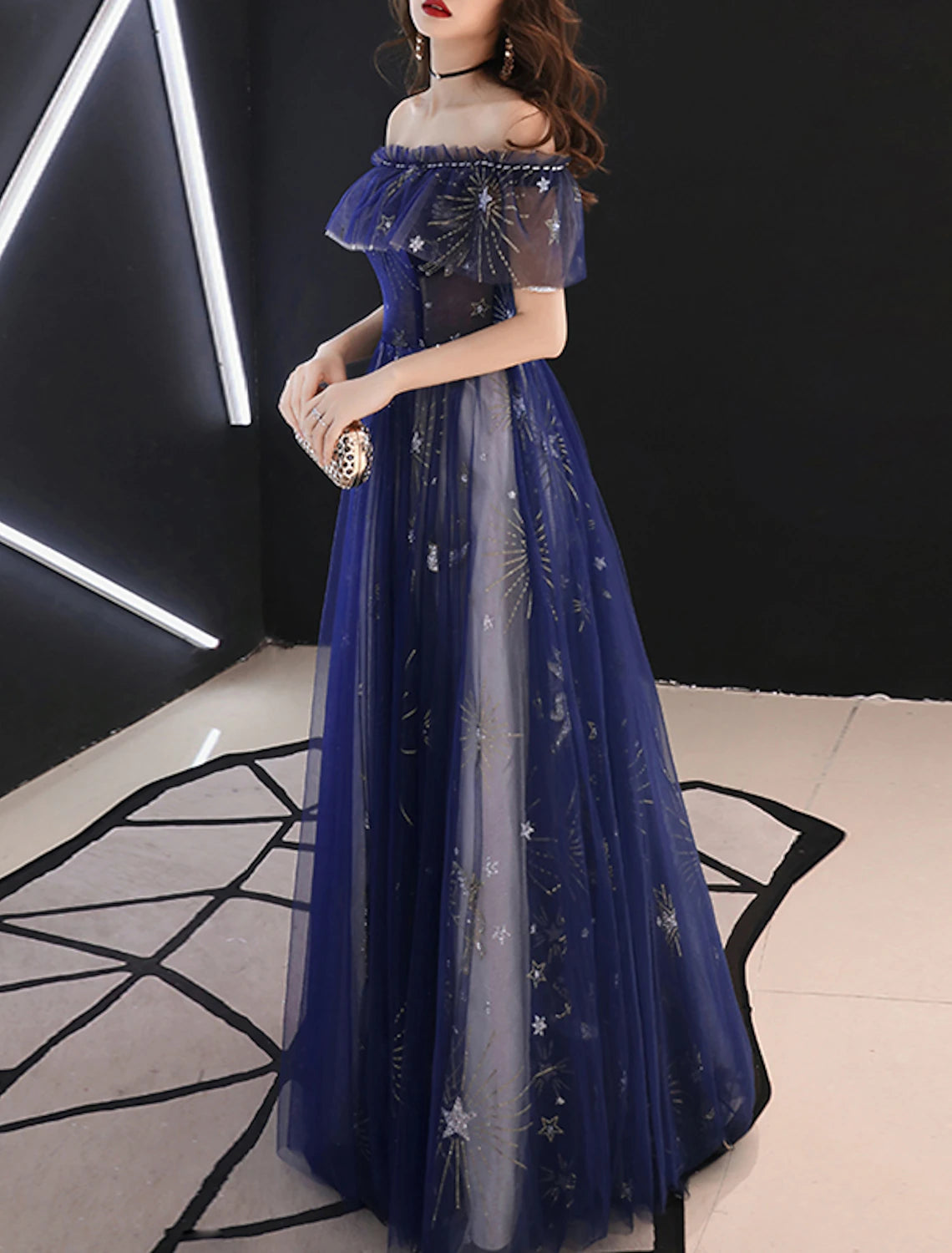 A-Line Sparkle Prom Formal Evening Dress Off Shoulder Short Sleeve Floor Length Tulle with Beading Pattern / Print