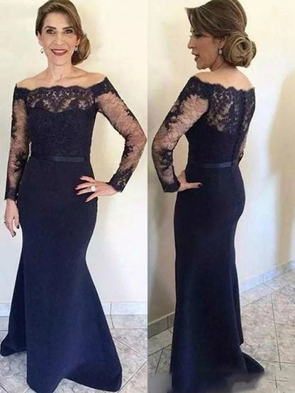 Trumpet/Mermaid Stretch Crepe Lace Off-the-Shoulder Long Sleeves Floor-Length Mother of the Bride Dresses