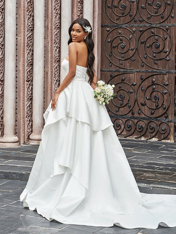 Ball Gown Satin Ruffles Strapless Sleeveless Court Train Wedding Dresses