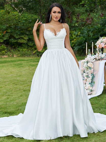 Ball Gown Lace Ruffles V-neck Sleeveless Sweep/Brush Train Wedding Dresses