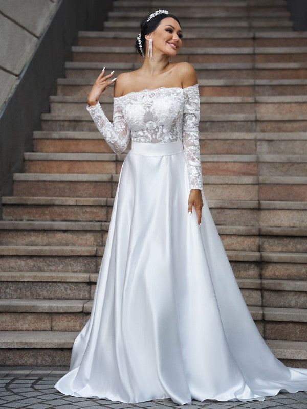 A-Line/Princess Satin Lace Off-the-Shoulder Long Sleeves Sweep/Brush Train Wedding Dresses