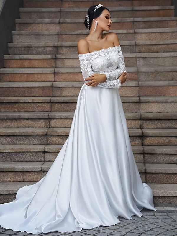 A-Line/Princess Satin Lace Off-the-Shoulder Long Sleeves Sweep/Brush Train Wedding Dresses