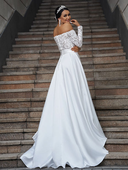 A-Line/Princess Satin Lace Off-the-Shoulder Long Sleeves Sweep/Brush Train Wedding Dresses