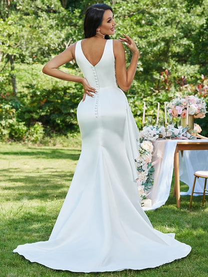 Sheath/Column Satin Ruffles V-neck Sleeveless Sweep/Brush Train Wedding Dresses