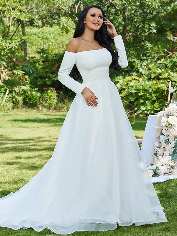 A-Line/Princess Tulle Ruffles Off-the-Shoulder Long Sleeves Sweep/Brush Train Wedding Dresses