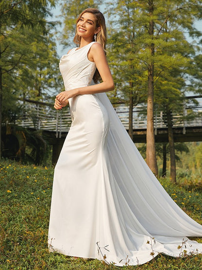 Sheath/Column NS Elastic Woven Satin Ruched Scoop Sleeveless Sweep/Brush Train Wedding Dresses