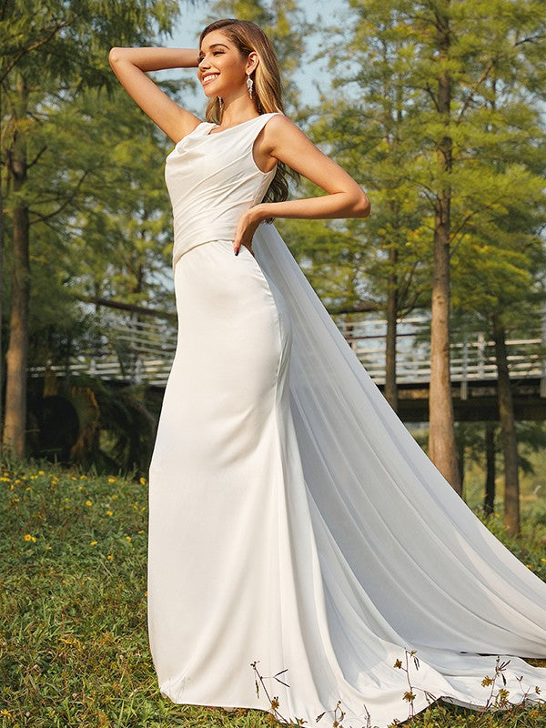 Sheath/Column NS Elastic Woven Satin Ruched Scoop Sleeveless Sweep/Brush Train Wedding Dresses