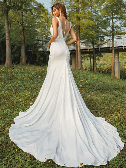 Sheath/Column Charmeuse Beading Scoop Sleeveless Sweep/Brush Train Wedding Dresses