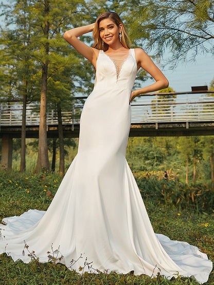 Sheath/Column Charmeuse Beading Scoop Sleeveless Sweep/Brush Train Wedding Dresses