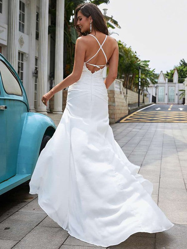 Sheath/Column Chiffon Ruched V-neck Sleeveless Sweep/Brush Train Wedding Dresses