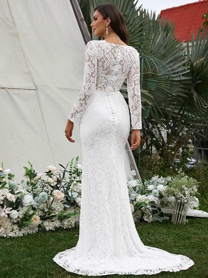 Sheath/Column Lace Hand-Made Flower V-neck Long Sleeves Sweep/Brush Train Wedding Dresses