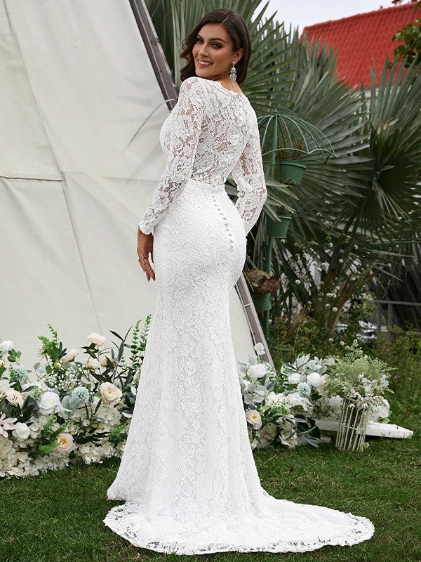 Sheath/Column Lace Hand-Made Flower V-neck Long Sleeves Sweep/Brush Train Wedding Dresses