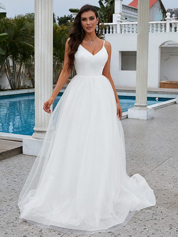 A-Line/Princess Ruffles V-neck Sleeveless Sweep/Brush Train Wedding Dresses