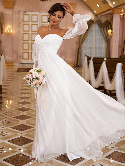 A-Line/Princess 30D Chiffon Ruched Off-the-Shoulder Long Sleeves Sweep/Brush Train Wedding Dresses