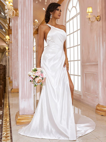 Sheath/Column Satin Ruched One-Shoulder Sleeveless Sweep/Brush Train Wedding Dresses