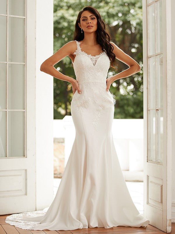 Sheath/Column Stretch Crepe Lace Straps Sleeveless Court Train Wedding Dresses