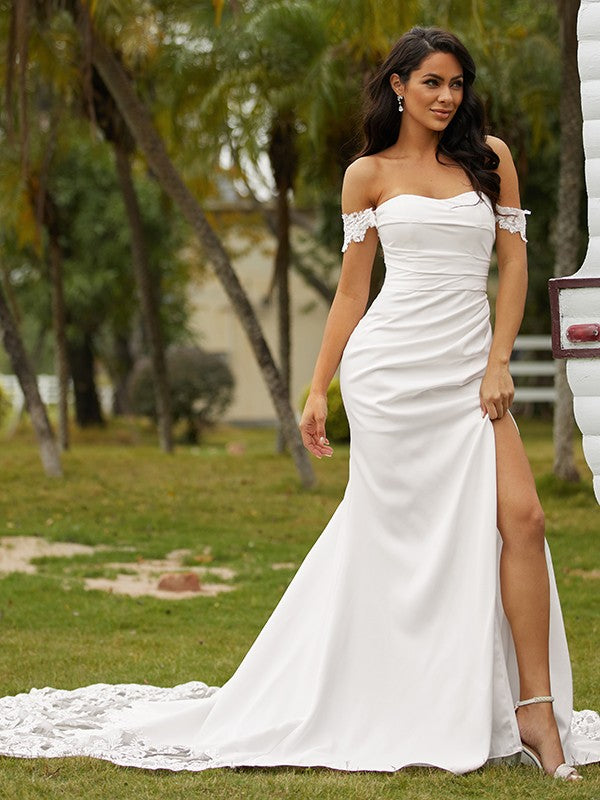 Sheath/Column Stretch Crepe Lace Off-the-Shoulder Sleeveless Cathedral Train Wedding Dresses