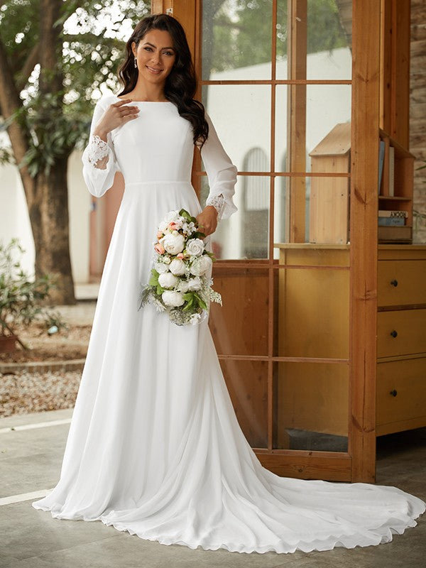 A-Line/Princess Chiffon Lace Scoop Long Sleeves Court Train Wedding Dresses