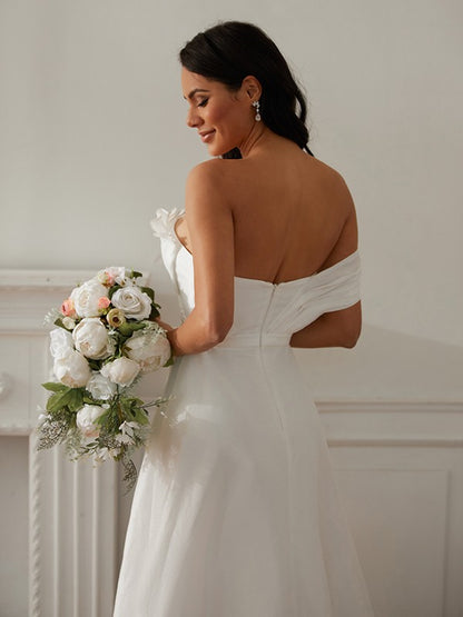 A-Line/Princess Ruched One-Shoulder Sleeveless Sweep/Brush Train Wedding Dresses