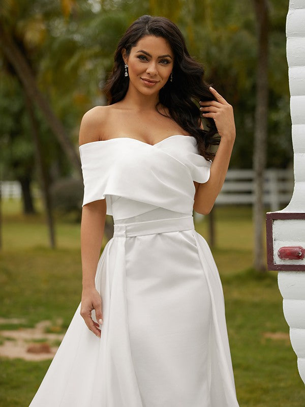 Sheath/Column Satin Ruched Off-the-Shoulder Sleeveless Chapel Train Wedding Dresses