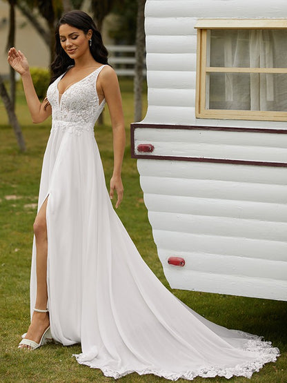 A-Line/Princess Chiffon Lace V-neck Sleeveless Sweep/Brush Train Wedding Dresses