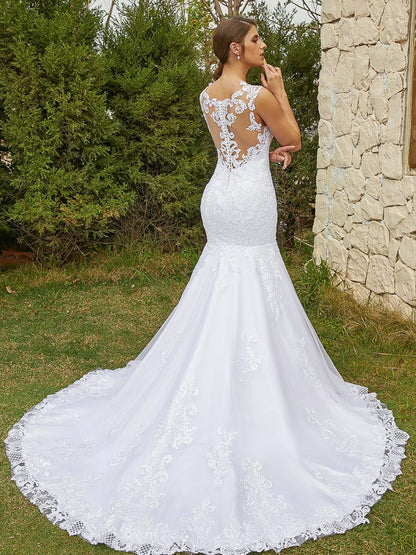 Trumpet/Mermaid Tulle Lace Scoop Sleeveless Court Train Wedding Dresses