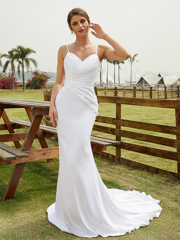 Sheath/Column Charmeuse Ruched V-neck Sleeveless Court Train Wedding Dresses(Detachable Train)