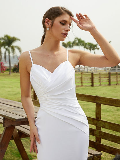 Sheath/Column Charmeuse Ruched V-neck Sleeveless Court Train Wedding Dresses