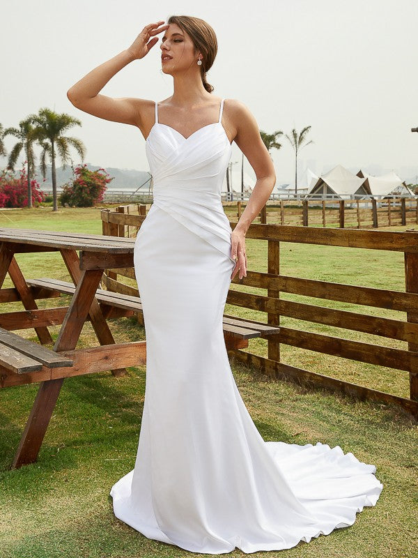 Sheath/Column Charmeuse Ruched V-neck Sleeveless Court Train Wedding Dresses(Detachable Train)