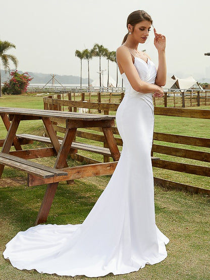 Sheath/Column Charmeuse Ruched V-neck Sleeveless Court Train Wedding Dresses(Detachable Train)