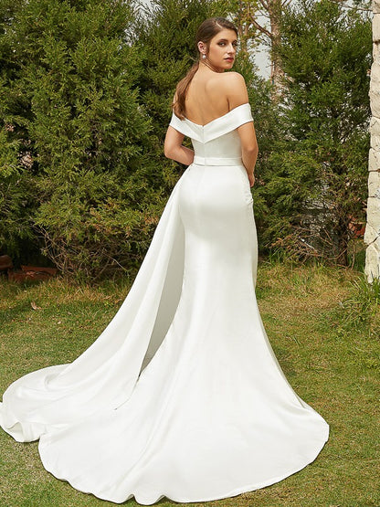 Sheath/Column Charmeuse Ruched Off-the-Shoulder Sleeveless Court Train Wedding Dresses