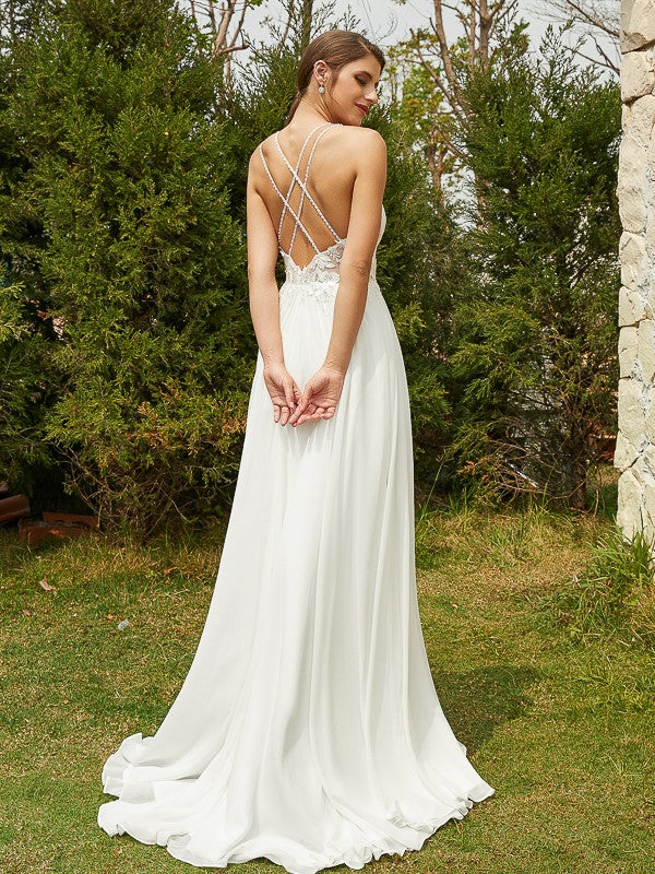 A-Line/Princess Chiffon Lace V-neck Sleeveless Sweep/Brush Train Wedding Dresses