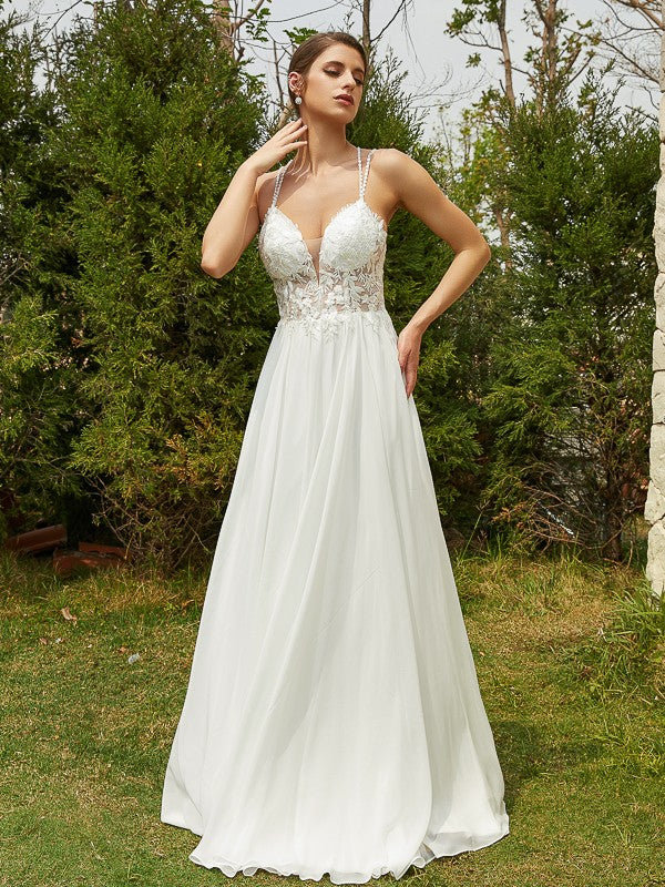 A-Line/Princess Chiffon Lace V-neck Sleeveless Sweep/Brush Train Wedding Dresses