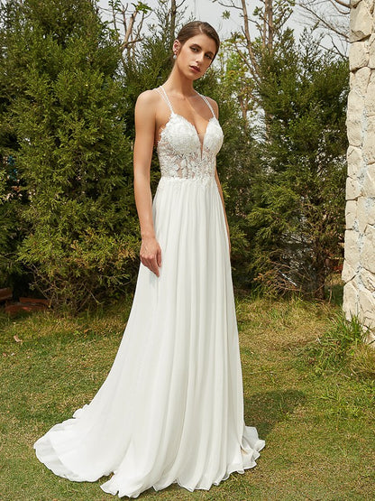 A-Line/Princess Chiffon Lace V-neck Sleeveless Sweep/Brush Train Wedding Dresses