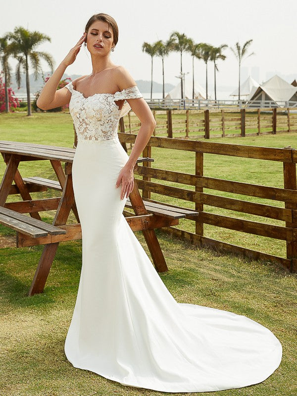 Sheath/Column Stretch Crepe Lace Off-the-Shoulder Sleeveless Court Train Wedding Dresses