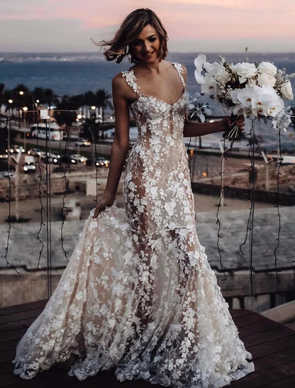 Beach Sexy Boho Wedding Dresses Mermaid / Trumpet Sweetheart Regular Straps Court Train Lace Bridal Gowns With Appliques Summer Fall Wedding Party 2024, Women's Clothing