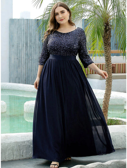 A-Line Mother of the Bride Dress Wedding Guest Plus Size Elegant Jewel Neck Floor Length Tulle Sequined 3/4 Length Sleeve with Sequin Fall