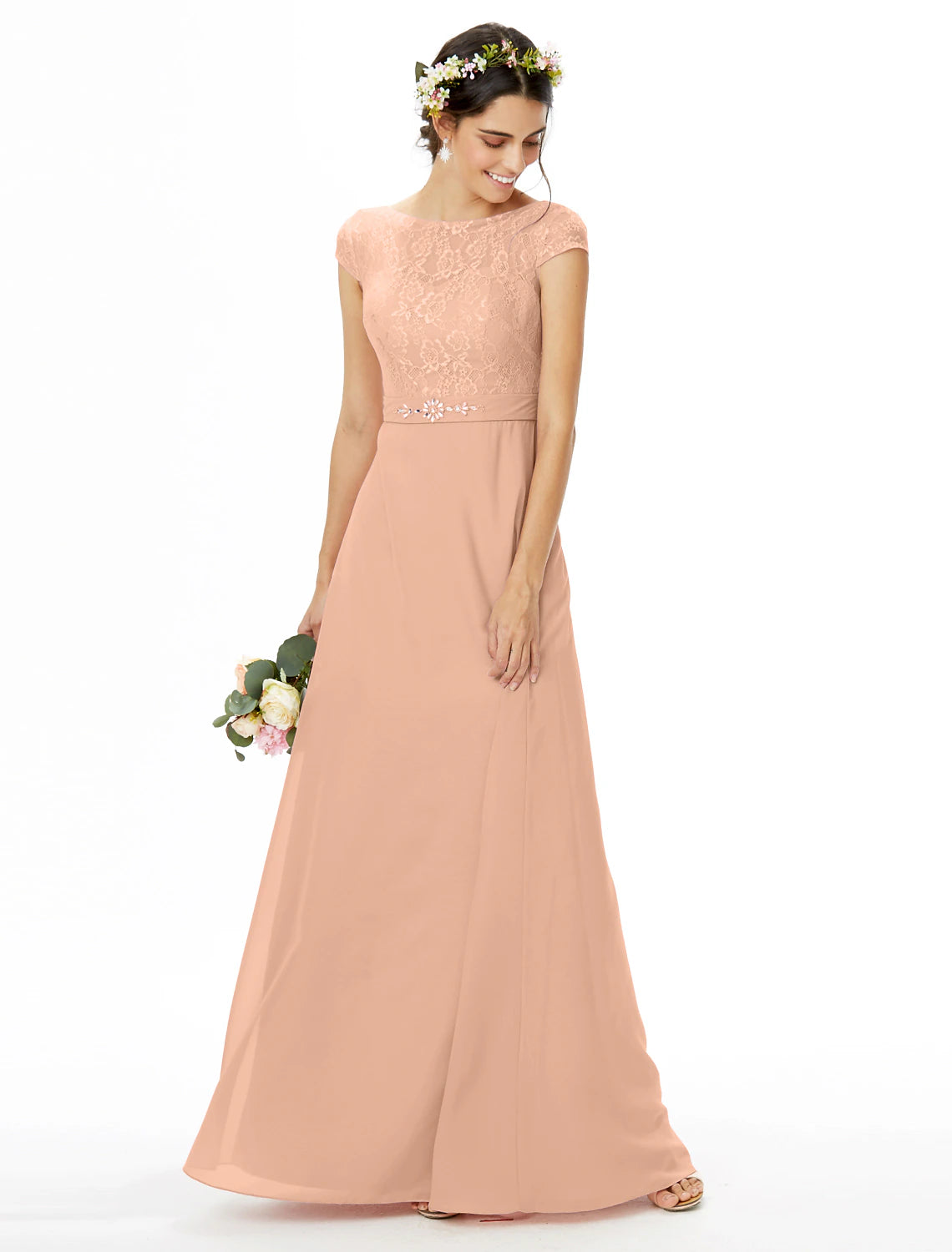 Sheath / Column Bridesmaid Dress Bateau Neck Short Sleeve Elegant Floor Length Chiffon / Lace with Lace / Sash / Ribbon / Bow(s)