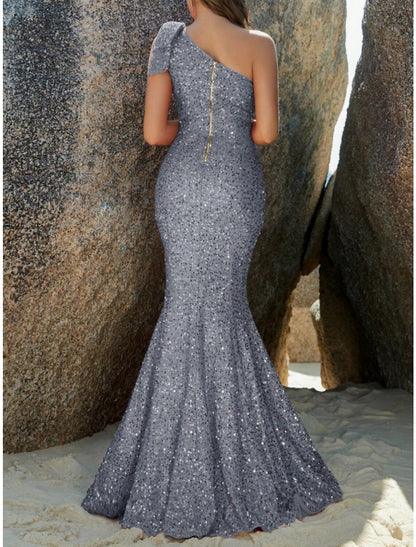 Mermaid / Trumpet Evening Gown Sparkle & Shine Dress Formal Wedding Guest Sweep / Brush Train Sleeveless One Shoulder Sequined with Glitter Shouder Flower