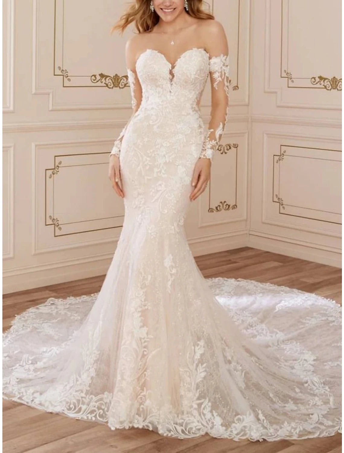 Formal Wedding Dresses Mermaid / Trumpet Sweetheart Long Sleeve Court Train Lace Bridal Gowns With Pleats Solid Color