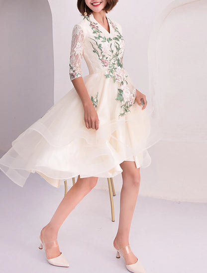 A-Line Chinese Style Floral Party Wear Cocktail Party Dress V Neck Half Sleeve Knee Length Tulle with Tier Appliques