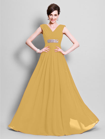 A-Line Mother of the Bride Dress Open Back V Neck Floor Length Chiffon Sleeveless with Beading Side Draping