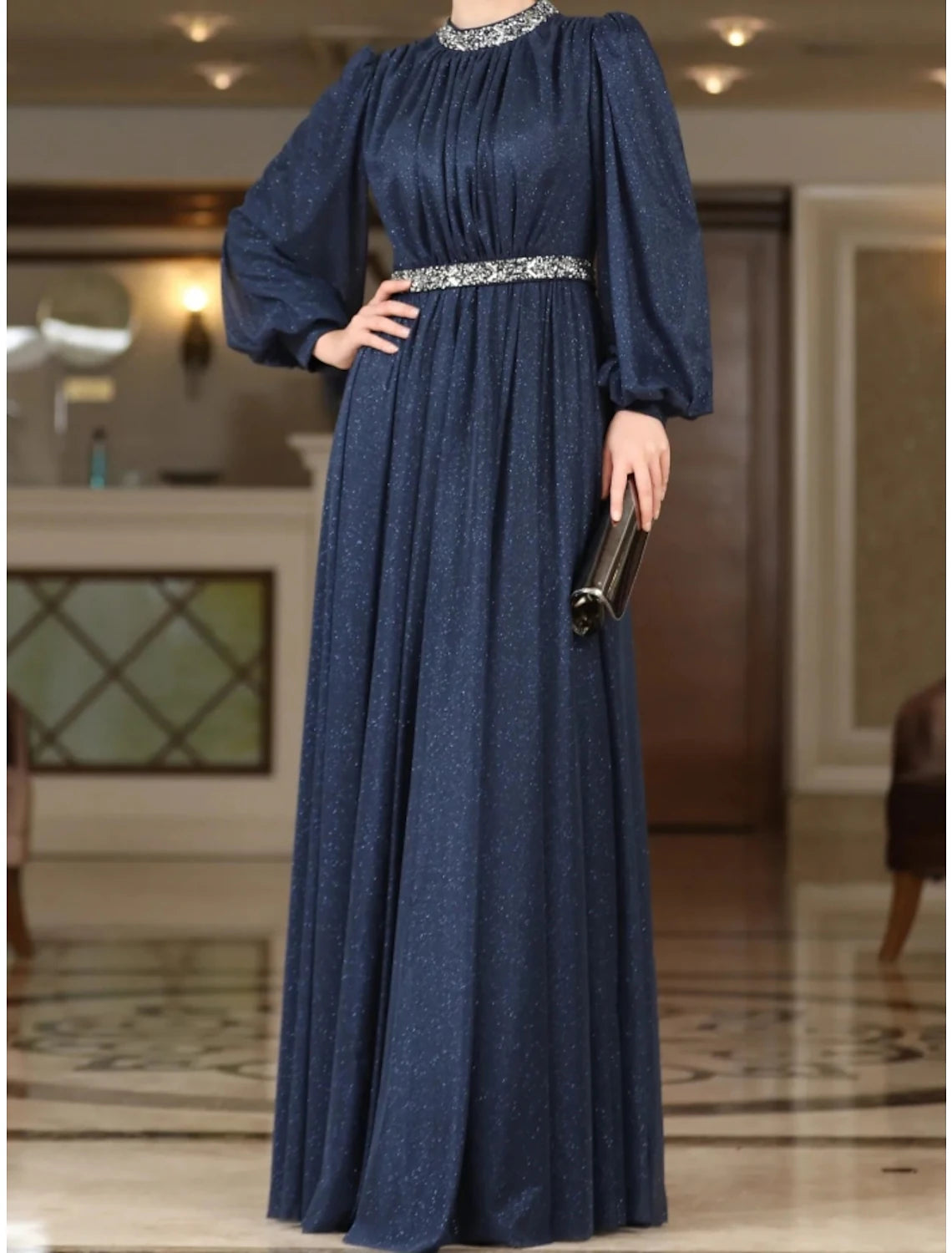 A-Line Evening Gown Elegant Dress Formal Floor Length Long Sleeve Jewel Neck Lurex Fabric with Rhinestone Pleats 2024