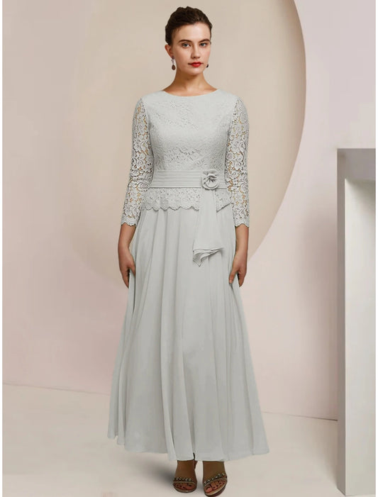 A-Line Mother of the Bride Dress Wedding Guest Elegant Jewel Neck Ankle Length Chiffon Long Sleeve with Lace Pleats Appliques