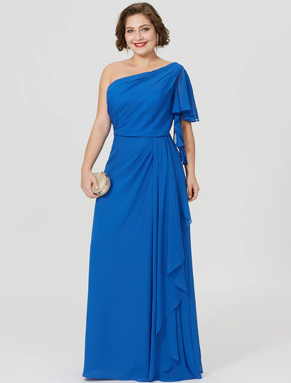 Sheath / Column Mother of the Bride Dress Formal Classic & Timeless Elegant & Luxurious Plus Size One Shoulder Floor Length Chiffon Short Sleeve No with Pleats