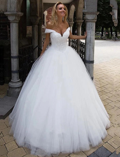 Wedding Dresses Ball Gown Off Shoulder Cap Sleeve Chapel Train Tulle Bridal Gowns With  Summer Wedding Party, Women's Clothing