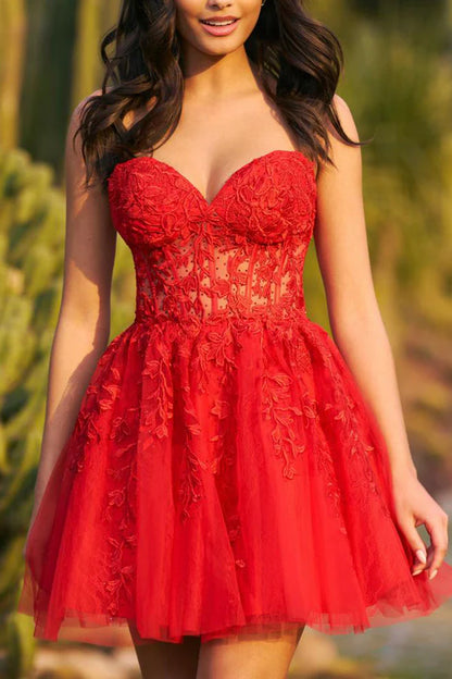 A line Sweetheart Lace Sticker Red Short Homecoming Dress