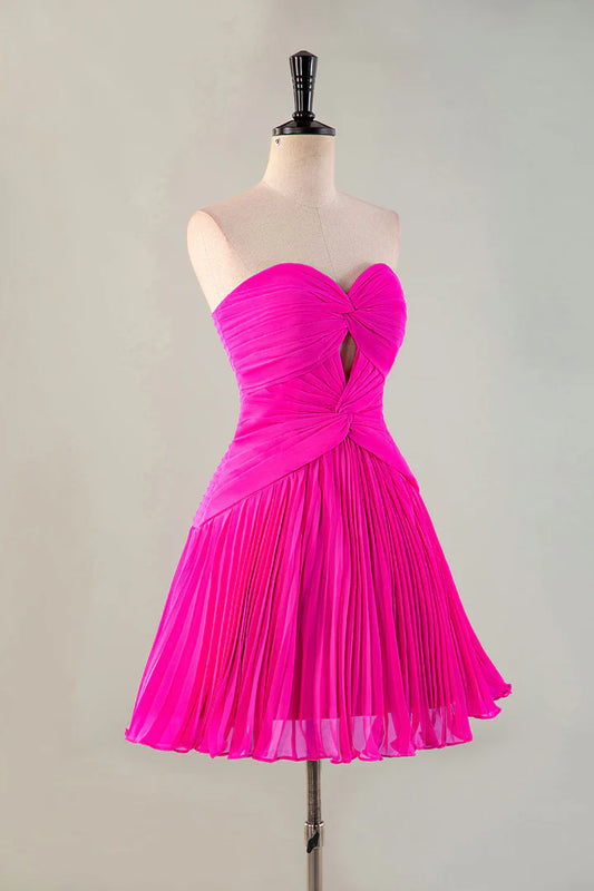 A pleated strapless back to school dress with keyhole