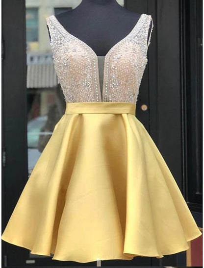 A-Line Homecoming Dresses Sparkle & Shine Dress Holiday Graduation Short / Mini Sleeveless V Neck Satin with Beading